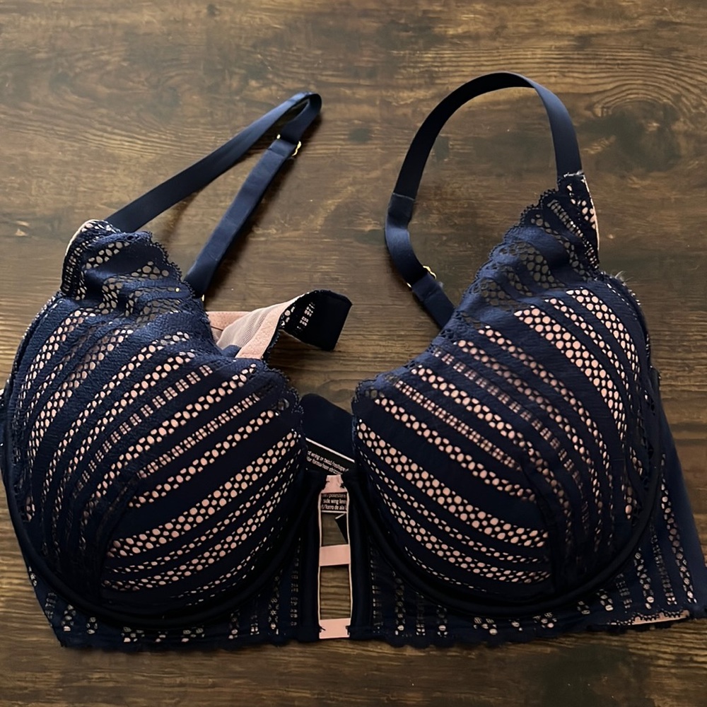 Blue and pink Victoria’s Secret bra, size 36D.